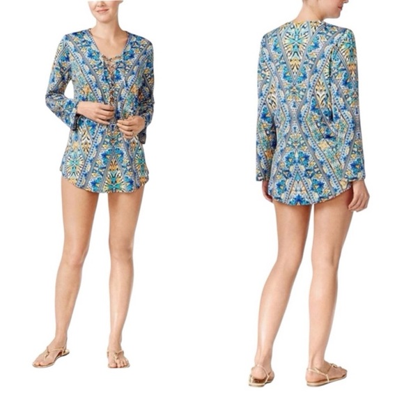 Bar III Tops - Bar 111 Monarchy Printed Lace Up Tunic Cover Up